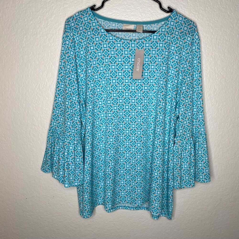 NWT Chicos slinky top blue bell sleeves artsy geometric office career XL 3